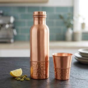 Pure Copper Water Bottle Hammered Copper Tumbler Portable <b>Drinkware</b> with Lid for Travel Office Outdoor Use- Indian Home Crafts - Product Image 1