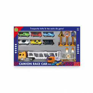 Camion de course miniature en métal 1:84 avec 6 voitures et panneaux routiers pour enfants de 3 ans et plus - Product Image 2