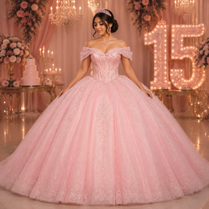 Vestido de Quinceañera Rosa de Lujo Xybb09-Pz, Vestido de Gala con Cuentas y Lentejuelas, Hombros Descubiertos, Lazo Grande, Cola Larga, Estilo Princesa, Jancember - Product Image 1