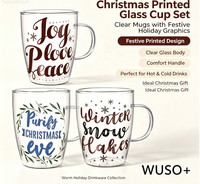 Mug en verre transparent imprimé Noël avec poignée, motif lettres festives, tasse à café ou à thé transparente, vaisselle de fête, cadeau de Noël