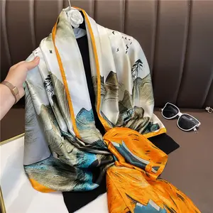 थोक नए डिजाइन मुद्रित 180*90 सेमी रेशम हिजाब स्कार्फ महिलाओं के फैशन हेयर रैप रेशम स्कार्फ