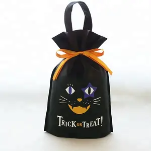 Non Woven Drawstring Handle Stand Up Pouch Bag Customized Logo Halloween Series White And Black Color