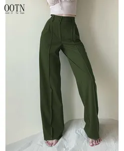 Плиссированные Свободные Брюки OOTN в пол, офисные женские брюки палаццо на пуговицах, зеленые зимние винтажные женские брюки с высокой талией