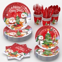 Ensemble de vaisselle jetable populaire pour Noël, avec motifs Père Noël et Bonhomme de neige, idéal pour les fêtes de fin d'année, les dîners en famille et les événements