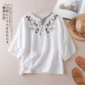 Summer Embroidered Cotton Linen Blouse Women V-Neck Loose Mid Sleeve Casual Vintage Top Blue - Product Image 4