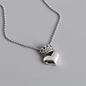 Vintage Style Tiny Crown Peach Heart Pendant 925 Sterling Silver Oxidation Mini Pendant Necklace