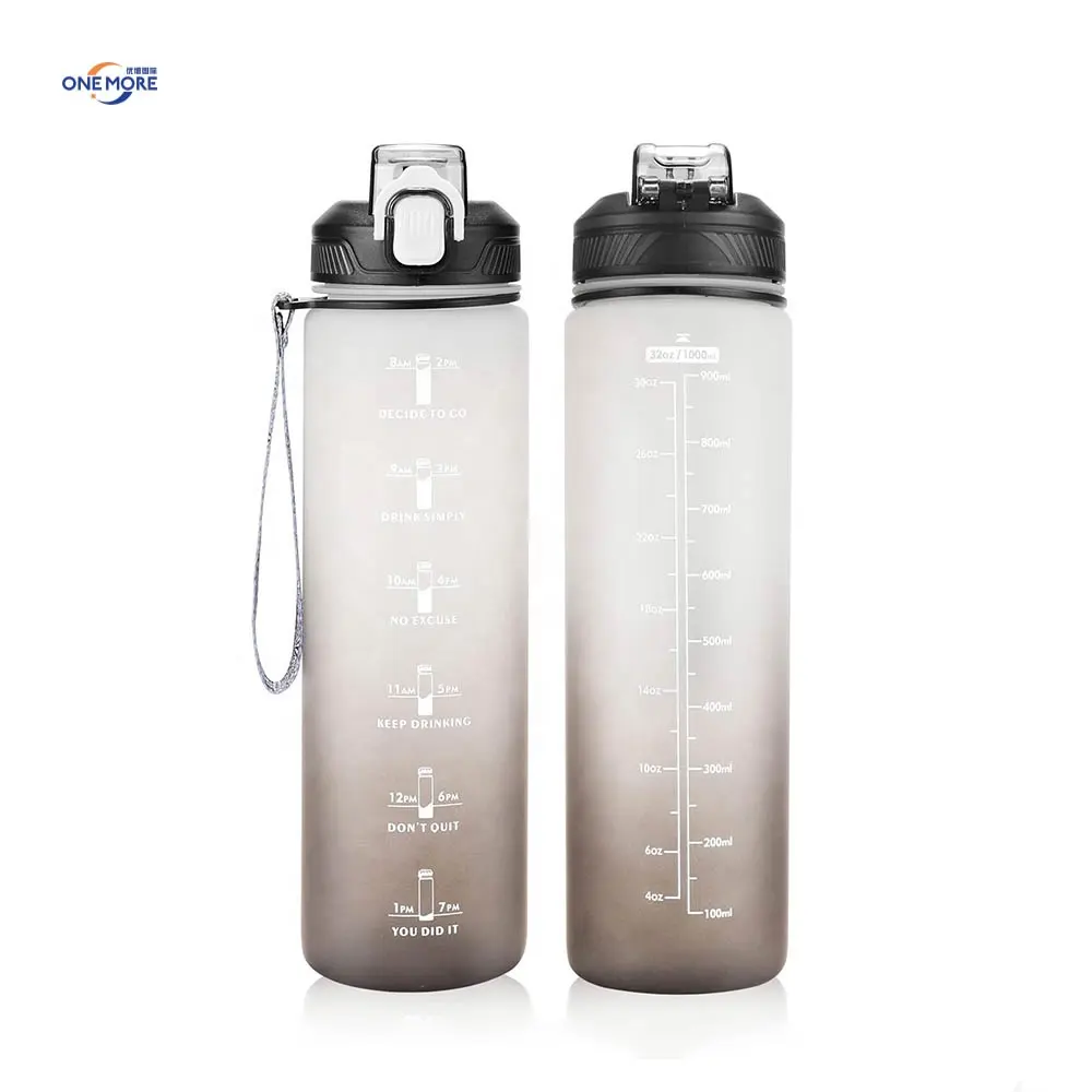 BPA 무료 플라스틱 물병 32OZ 1000ML 시간 마커와 동기 부여 스포츠 물병