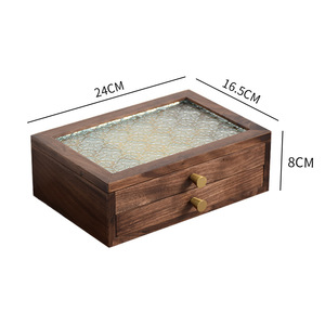 Wood Jewelry <b>Box</b> 24X16.5X8Cm With <b>Glass</b> Top And Dual Drawers For Storage - Product Image 1