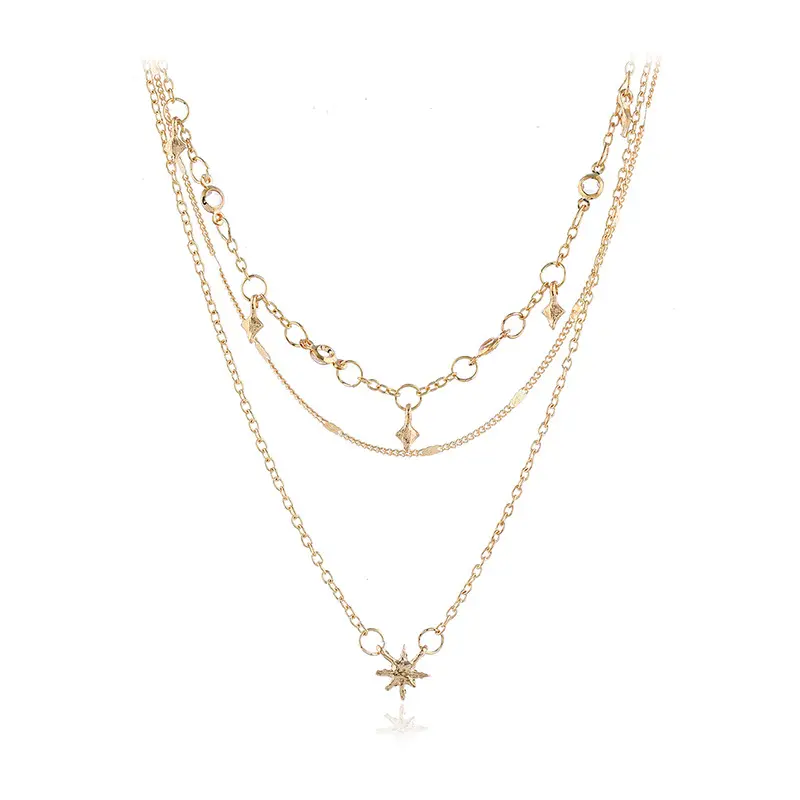 Wholesale 3 Layer Alloy 18k Gold Plated Chain Necklace For Women Girls