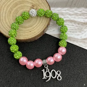 Pulseira elástica feita à mão, frisada verde e rosa, joias para senhoras sorority, presentes, sororidade, pulseiras gregas