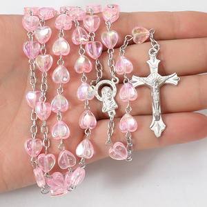 Collana <span class=keywords><strong>Rosario</strong></span> Cattolico Carina per Ragazze e Donne, Preghiera e Meditazione, Charm in Acrilico a Forma di Cuore Blu, Bianco e Rosa - Product Image 3