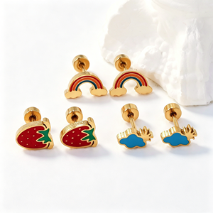 Modernos y Elegantes <span class=keywords><strong>Aretes</strong></span> Antialérgicos <span class=keywords><strong>para</strong></span> Niñas, Acero Inoxidable con Baño de Oro PVD y Circonita, Cierre de Rosca - Product Image 3