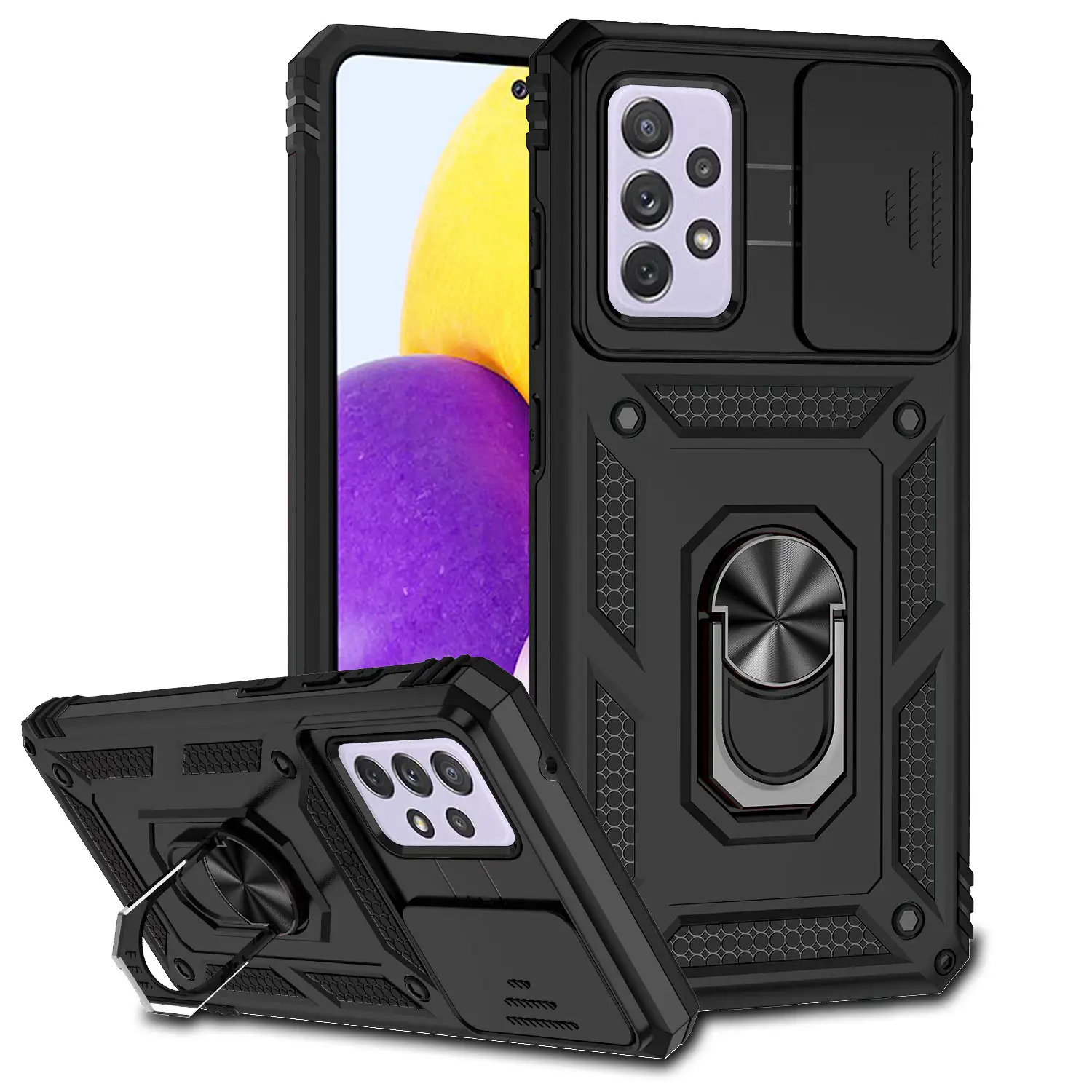 Hybrid heavy duty rugged case with kickstand and camera cover lens protection sliding window for Samsung A72 redmi 9A 9C note 10