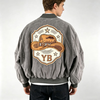 Blouson Bomber Varsity en Denim Hiver Personnalisé, Épais, Délavé à l'Acide, Broderie Patch, Style Y2K Vintage Cowboy Streetwear