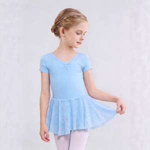Kids Short Sleeve V Neck Ballet Leotard Dress, Pink <b>Glitter</b> Tulle Tutu <b>Skirt</b> Girls Gymnastics Dance Costume for Training Perform - Product Image 4