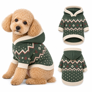 Suéter navideño para perro con capucha, diseño Fair Isle jacquard, ropa para mascotas, puños acanalados, abrigo de punto cálido. - Product Image 1