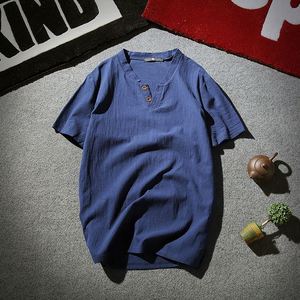 Vente en gros – Nouveau style durable et épuré – Chemise formelle en lin/coton tricoté à col mandarin et col en V pour homme, couleur unie, coupe oversize, respirante - Product Image 6