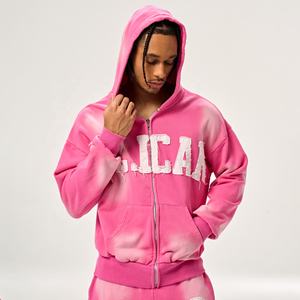 Ensemble de survêtement streetwear empilé, broderie personnalisée, pantalon de survêtement à jambes larges et sweat-shirt à capuche, fermeture éclair, survêtement surdimensionné délavé à l'acide pour hommes - Product Image 4