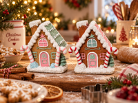 Ensemble de 2 maisons de village de Noël en résine peintes à la main, figurines de maisons en pain d'épices, pilier en forme de canne à sucre rose menthe, décoration de table