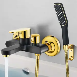 Grifo de bañera negro y dorado, grifo de ducha y bañera con válvula mezcladora