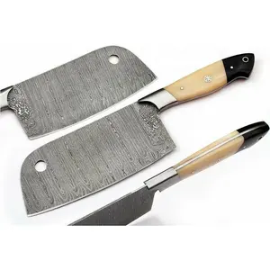 אישית דמשק באיכות גבוהה פלדה קבוע חד להב קופיץ מטבח ופר סכין ידית גמל עצם עם שור הורן