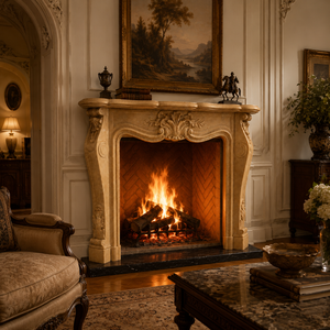 Traditional Marble <b>Fireplace</b> Mantel With Ornate Carving Cloudy Rosa Stone Indoor Wood Burning Hearth For Dining Room - Product Image 1