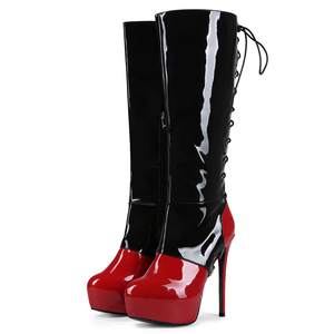 Summer Red Patchwork Patent Knee High Boots Big Size 47 Back Cut Out Lace up Long Boots Thick Platform Thin <b>Heels</b> Party Shoes - Product Image 4