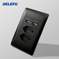 Prise murale standard brésilienne DELEFU avec chargeur USB, interrupteur d'éclairage, prise TV, type 118, panneau noir pour usage résidentiel