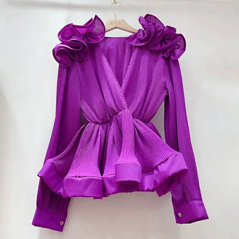 Frühling New Flower Elegantes Hemd Frauen Retro V-Ausschnitt Sexy Design Cinched Plissee Blusen Weibliche Chiffon Shirt Top