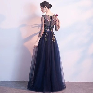 Elegant A-Line Chiffon Evening Dress With Floral Print Scoop Neck Long Sleeve Black And Navy Blue - Product Image 3