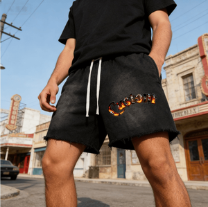 Personalized Men's Print Shorts Washed Black Drawstring Sweat Street Fashion Custom Shorts <b>for</b> Men - Product Image 1