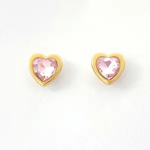 New fashion simple pink crystal heart 18k gold plated diamond stud earrings for women