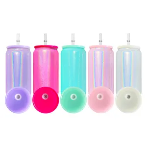 Vente en gros en vrac brillant arc-en-ciel USA gobelets en verre scintillant de 16oz à sublimation holographique avec couvercle en plastique