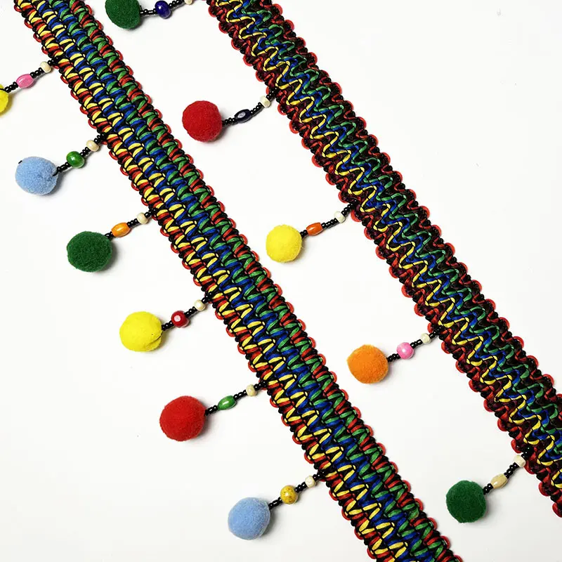 폭 7 cm Handmade 민족 스카프 가정 직물을 위한 나무로 되는 구슬 퍼지 공을 가진 다채로운 면 Pom Pom 프린지 술 손질 레이스