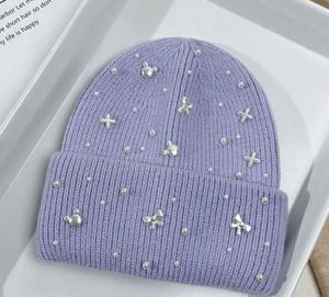 Gorros de Punto de Lujo al por Mayor con Cristales de Imitación para Mujer, Gorros de Invierno de Alta Calidad con Pelo de Conejo para Dama - Product Image 4