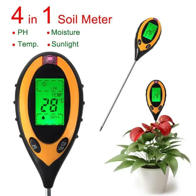 Medidor de PH del suelo 4 en 1, medidor de prueba de temperatura, humedad, luz solar, PH, para césped de plantas de jardín