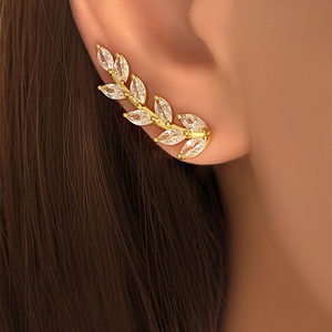 Gold Plated <b>Leaf</b> Stud Earrings With Marquise Cut Crystal Rhinestones For Women Party Jewelry Classic Design - Product Image 1