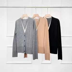 [ABC Showroom] Womenswear Double Layer V-Neck Cardigan in Merino Wool Superfine 120S 16GG Normcore Minimalist Style Seasons