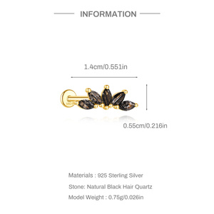 Bijou de piercing pour cartilage d'oreille en argent S925, 1.2*6 mm, avec quartz rutilé noir taille marquise et couronne - Product Image 5