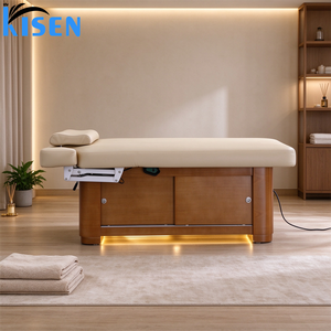Cama de belleza eléctrica moderna Kisen con respaldo de piernas ajustable, mesa de masaje facial con marco de madera para salón de belleza - Product Image 4
