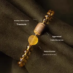 クラシックな天然イエロークリスタルラインストーン仏珠模様フォーチュンビーズユニセックスシングルサークルブレスレットバルクパッケージ - Product Image 4