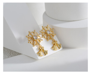 5A Zircon <b>Stud</b> Earrings Christmas Bell Design Fashionable Copper Gold-Plated Brass Drop Earrings Snowflake Shape Religious - Product Image 1