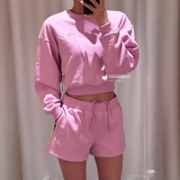 Spot Spring Summer New Casual Solid Cotton Terry 2 Piece Crewneck Long Sleeve Sweat Drawstring Shorts Set Women