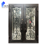 Porte d'entrée américaine en fer forgé avec décorations symétriques et verre de confidentialité