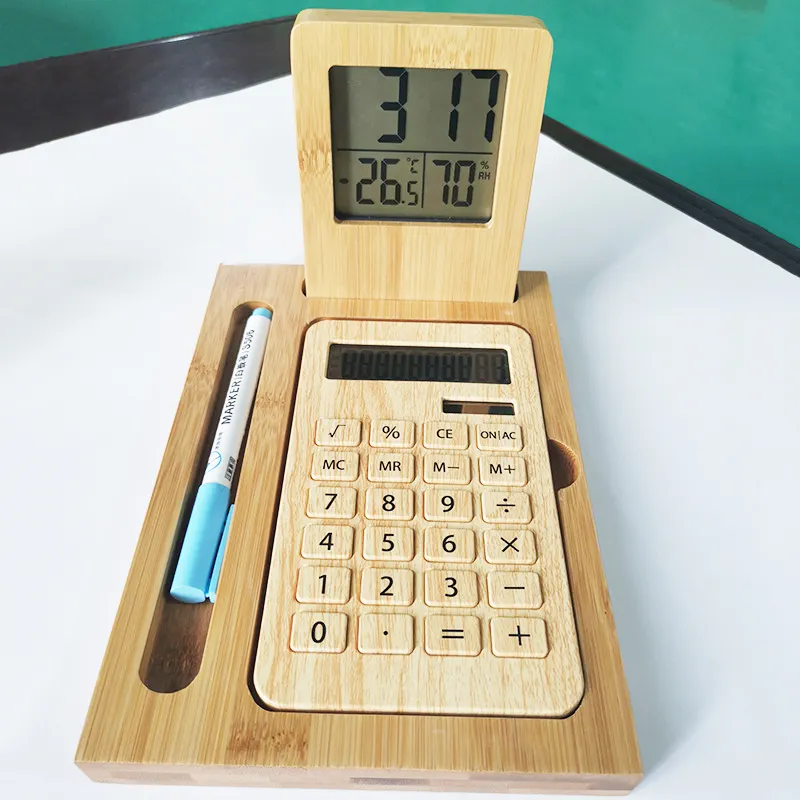 Bamboo wooden logo scientific calculator pen tray weather electronic alarm clock with temperature and humidity three-piece set