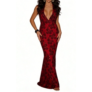 ชุดเดรสยาวลายดอกไม้คล้องคอสำหรับผู้หญิงชุดราตรีทางการเดรสคอวีลึกแฟชั่น - Product Image 1