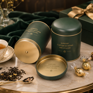 Lata de metal redonda con tapa de cúpula y borde dorado, lata de calidad alimentaria para almacenamiento de té y productos secos, color, patrón y logotipo personalizables. - Product Image 1
