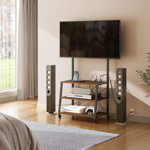 Meuble <span class=keywords><strong>TV</strong></span> moderne en bois sur <span class=keywords><strong>roulettes</strong></span> avec support et prise de courant pour téléviseurs jusqu'à 55 pouces, avec étagères de rangement à 3 niveaux - Product Image 6