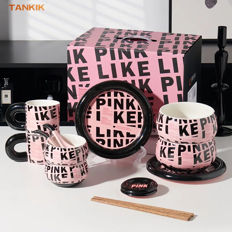 Black Pink Series Nordic INS Style Cool Fashion Gift 12 Pcs Bowl Plate Set Ceramic Porcelain Tableware Set