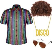 Costume de disco pour homme des années 70 et 80, chemises brillantes en polyester, perruques, collier, lunettes, ensemble de cosplay pour adultes pour fête d'Halloween